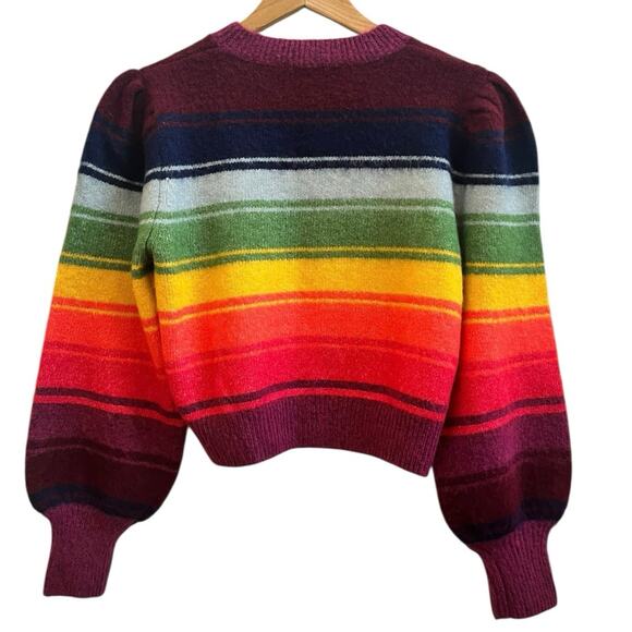 Zara Multicolored Rainbow Striped Puff Sleeves  Crewneck Crop Sweater Medium - Picture 3 of 9